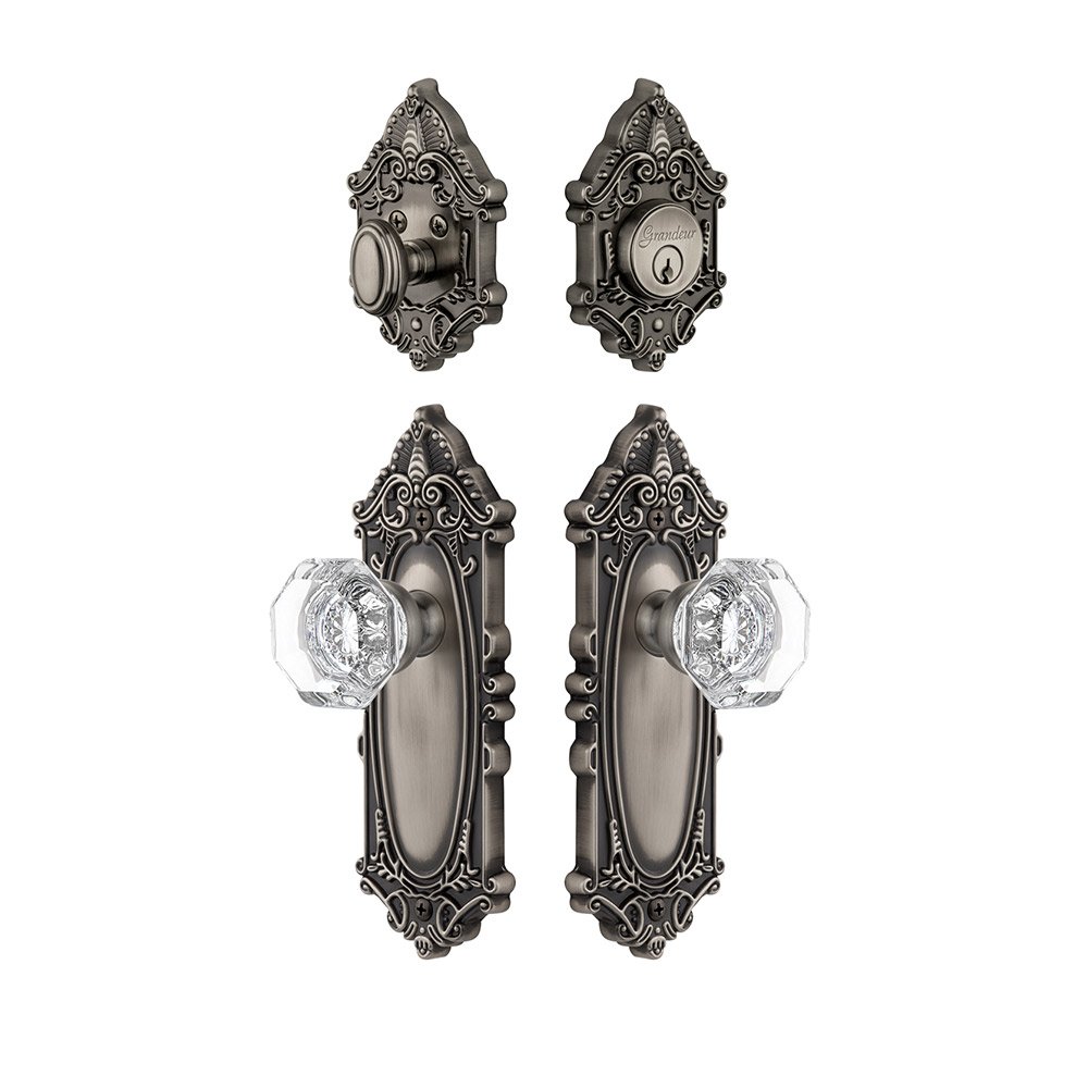Grandeur Handleset - Grande Victorian Plate With Chambord Crystal Knob & Matching Deadbolt In Antique Pewter