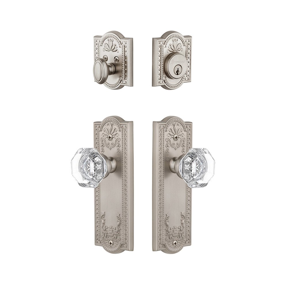 Grandeur Parthenon Plate With Chambord Crystal Knob & Matching Deadbolt In Satin Nickel