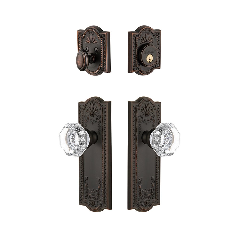 Grandeur Parthenon Plate With Chambord Crystal Knob & Matching Deadbolt In Timeless Bronze