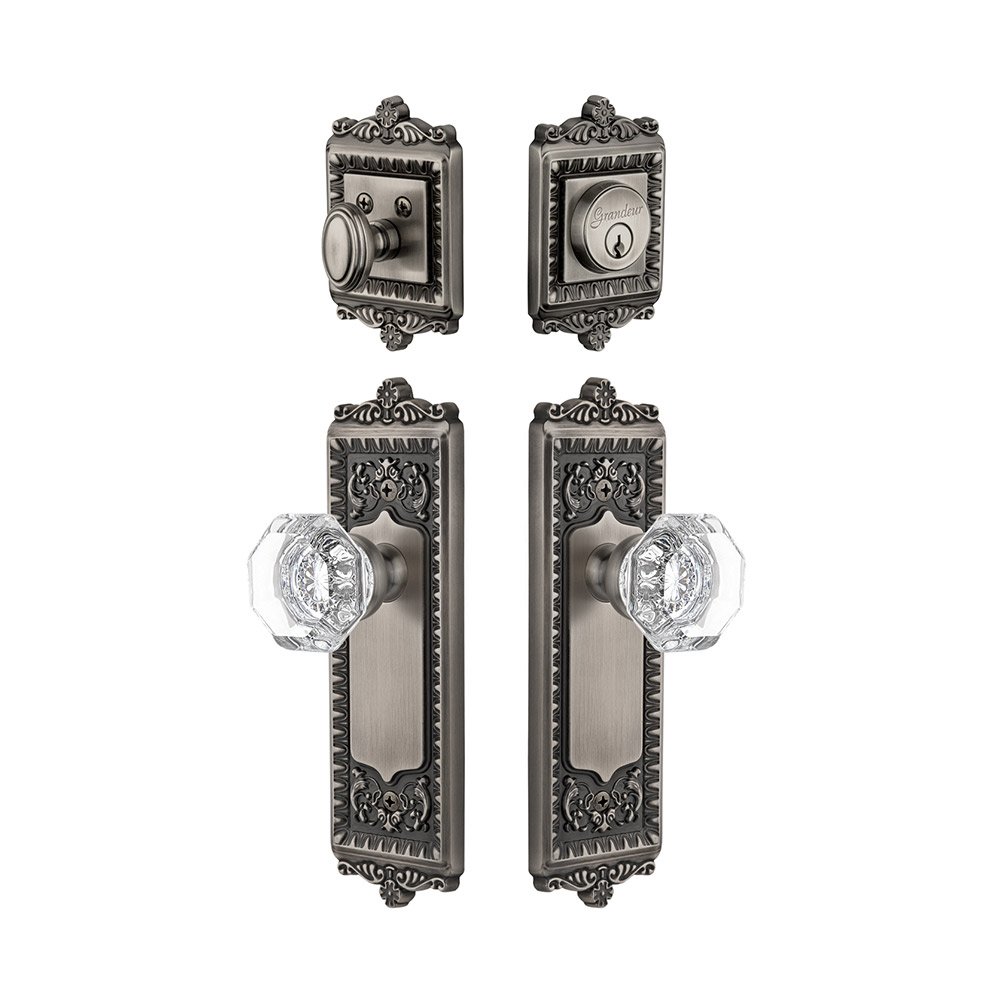 Grandeur Windsor Plate With Chambord Crystal Knob & Matching Deadbolt In Antique Pewter