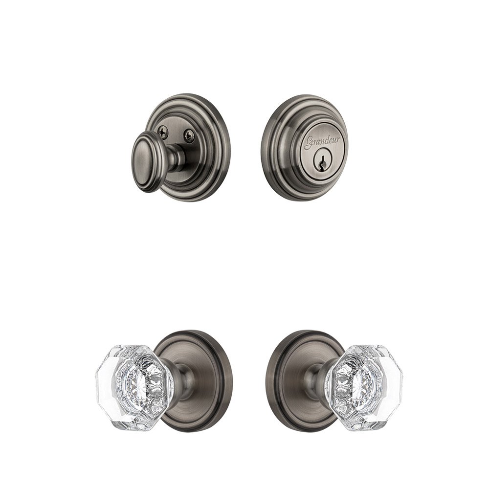 Grandeur Georgetown Rosette With Chambord Crystal Knob & Matching Deadbolt In Antique Pewter