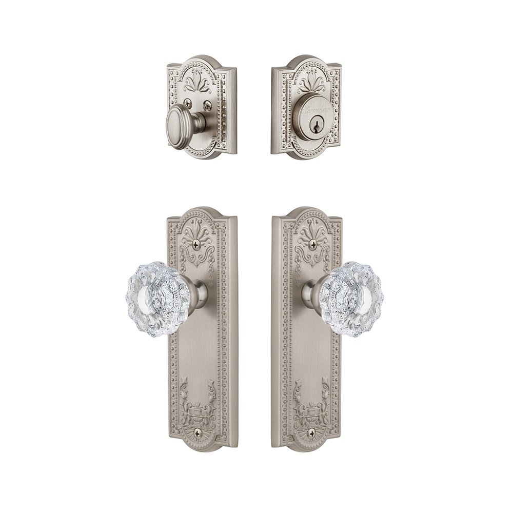 Grandeur Parthenon Plate With Versailles Crystal Knob & Matching Deadbolt In Satin Nickel