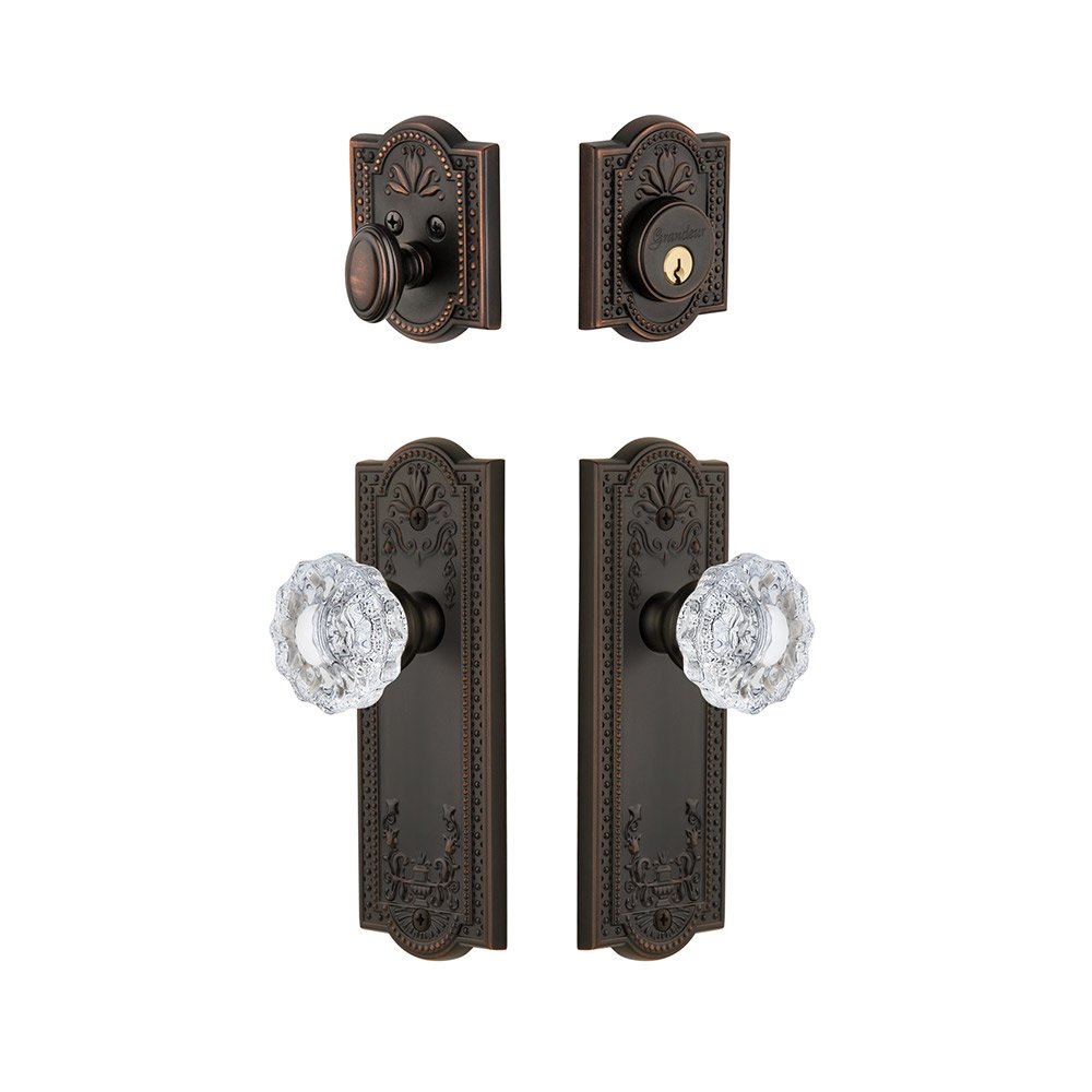 Grandeur Parthenon Plate With Versailles Crystal Knob & Matching Deadbolt In Timeless Bronze