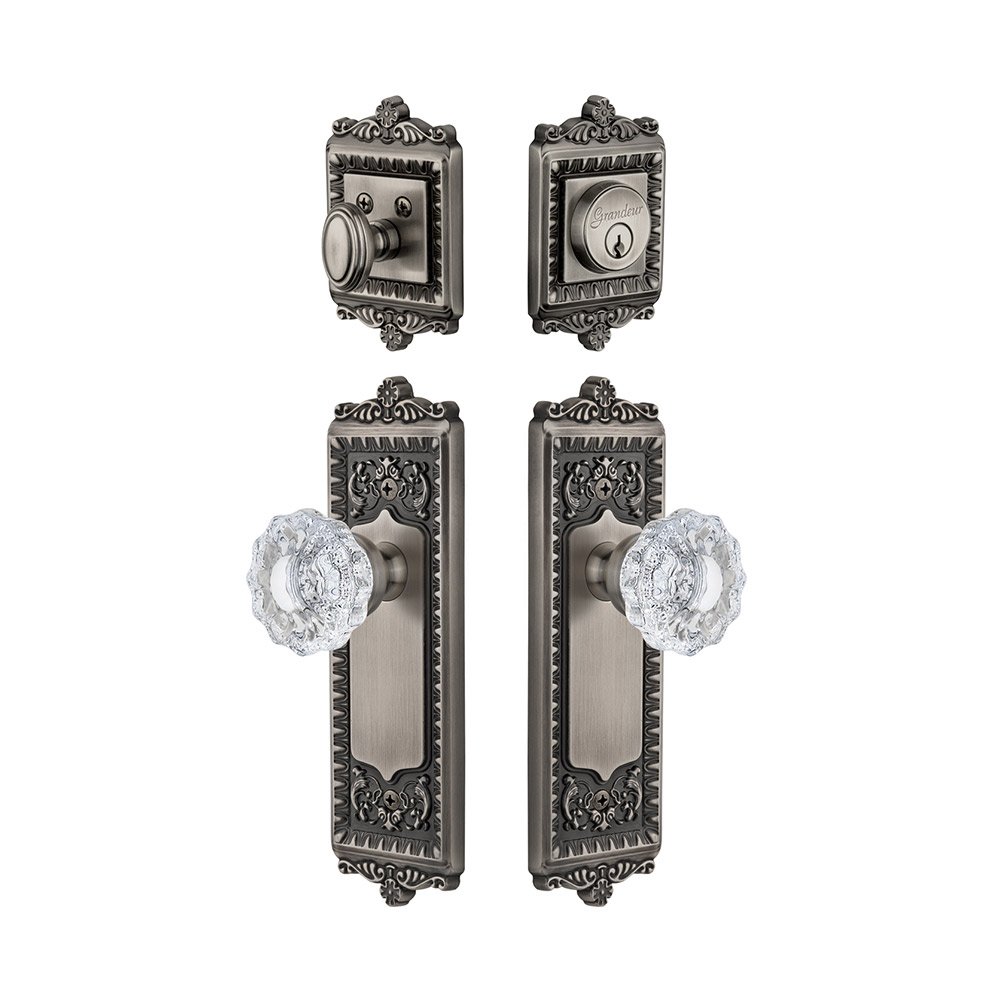 Grandeur Windsor Plate With Versailles Crystal Knob & Matching Deadbolt In Antique Pewter