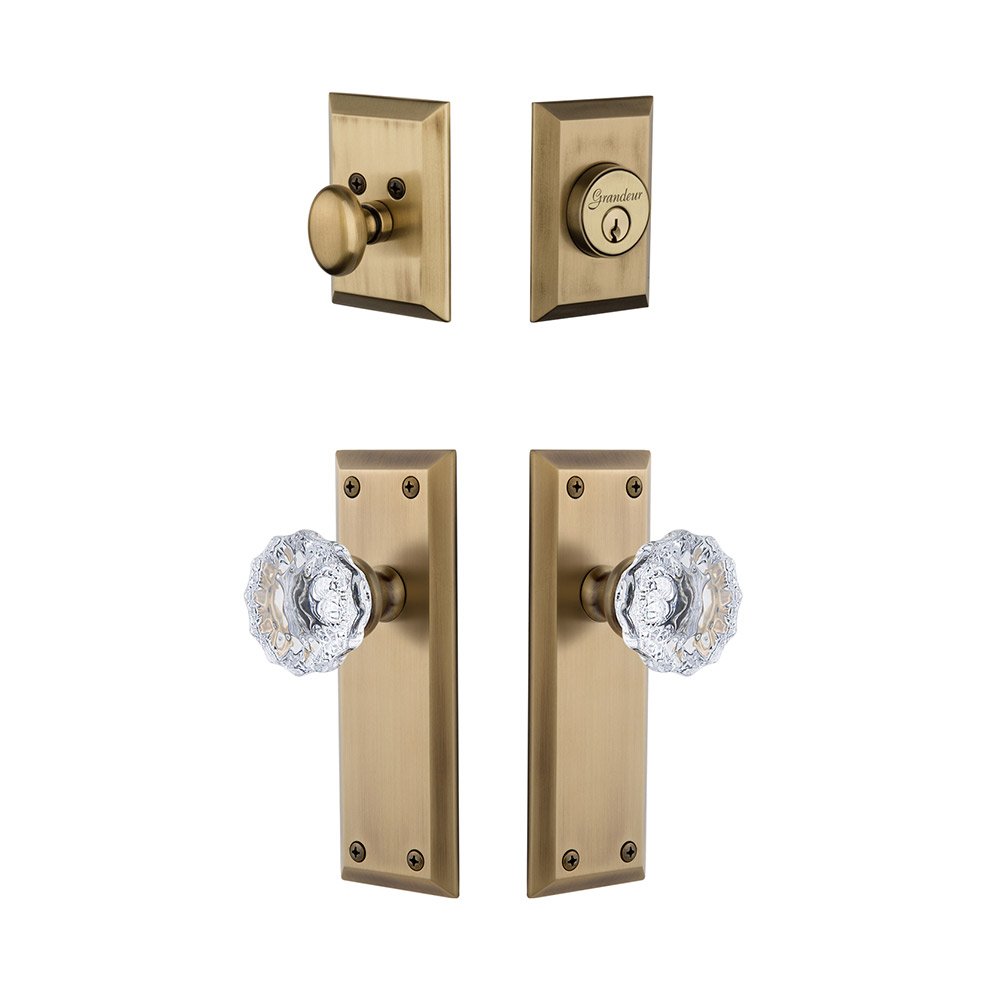 Grandeur Fifth Avenue Plate With Fontainebleau Crystal Knob & Matching Deadbolt In Vintage Brass