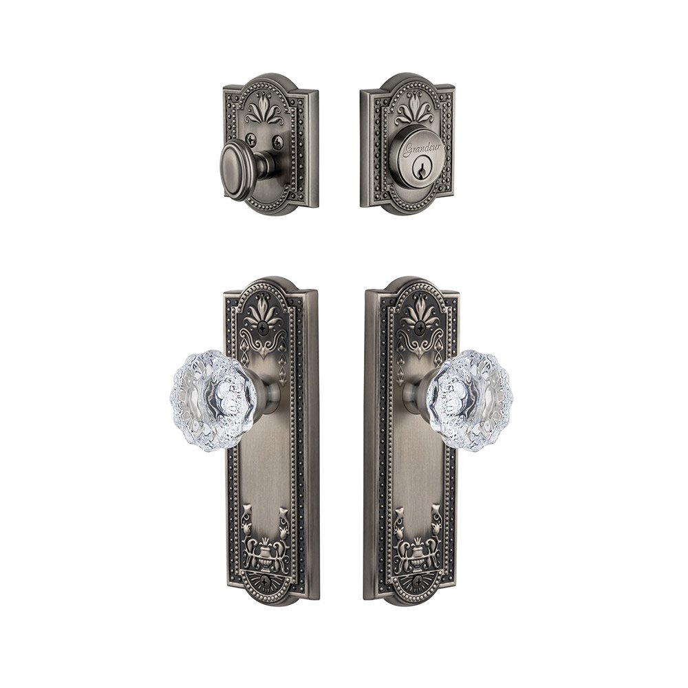 Grandeur Parthenon Plate With Fontainebleau Crystal Knob & Matching Deadbolt In Antique Pewter