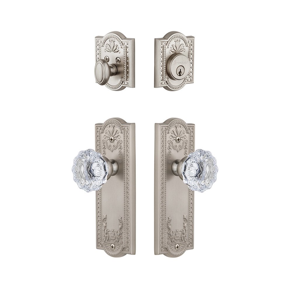 Grandeur Parthenon Plate With Fontainebleau Crystal Knob & Matching Deadbolt In Satin Nickel