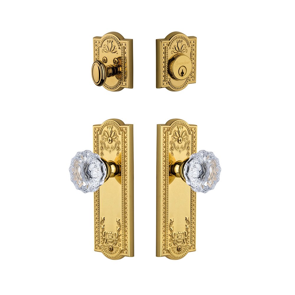 Grandeur Parthenon Plate With Fontainebleau Crystal Knob & Matching Deadbolt In Lifetime Brass