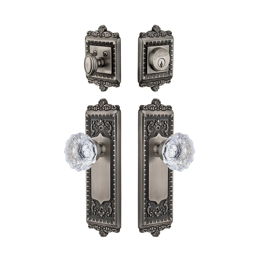 Grandeur Windsor Plate With Fontainebleau Crystal Knob & Matching Deadbolt In Antique Pewter