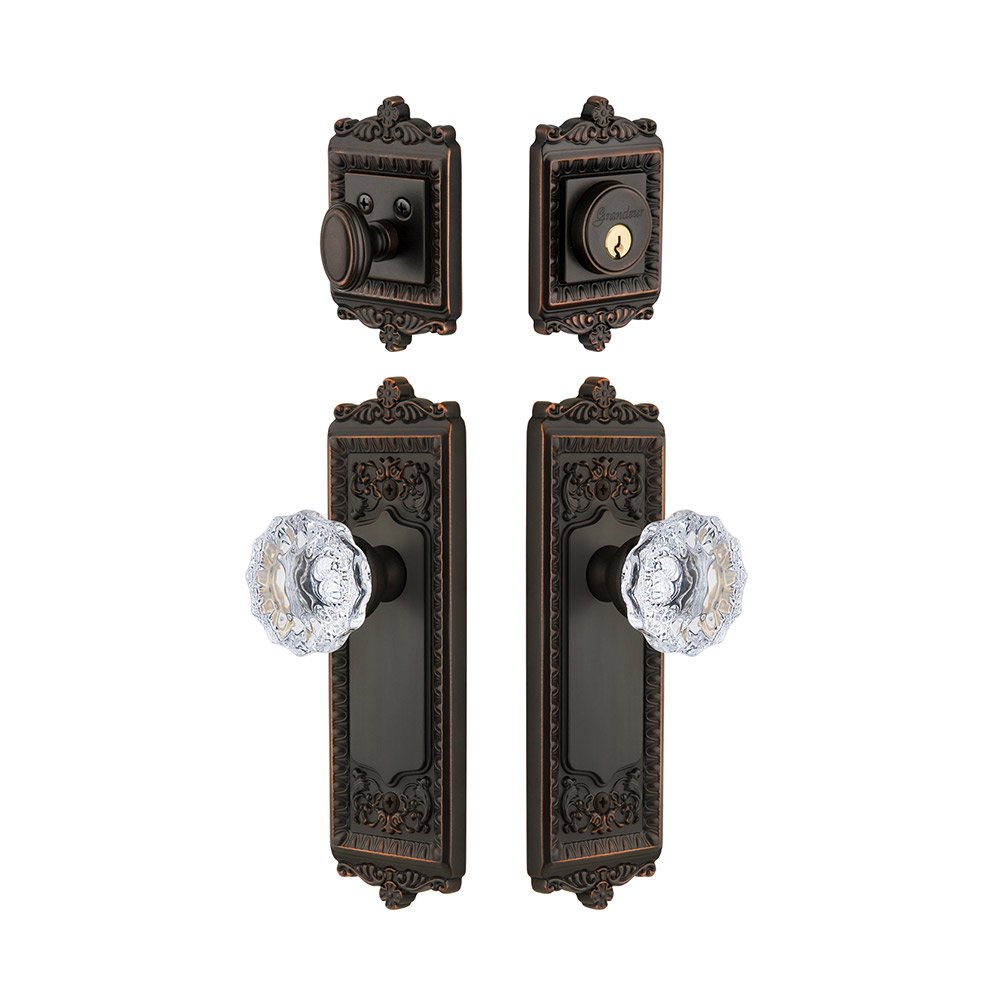 Grandeur Windsor Plate With Fontainebleau Crystal Knob & Matching Deadbolt In Timeless Bronze