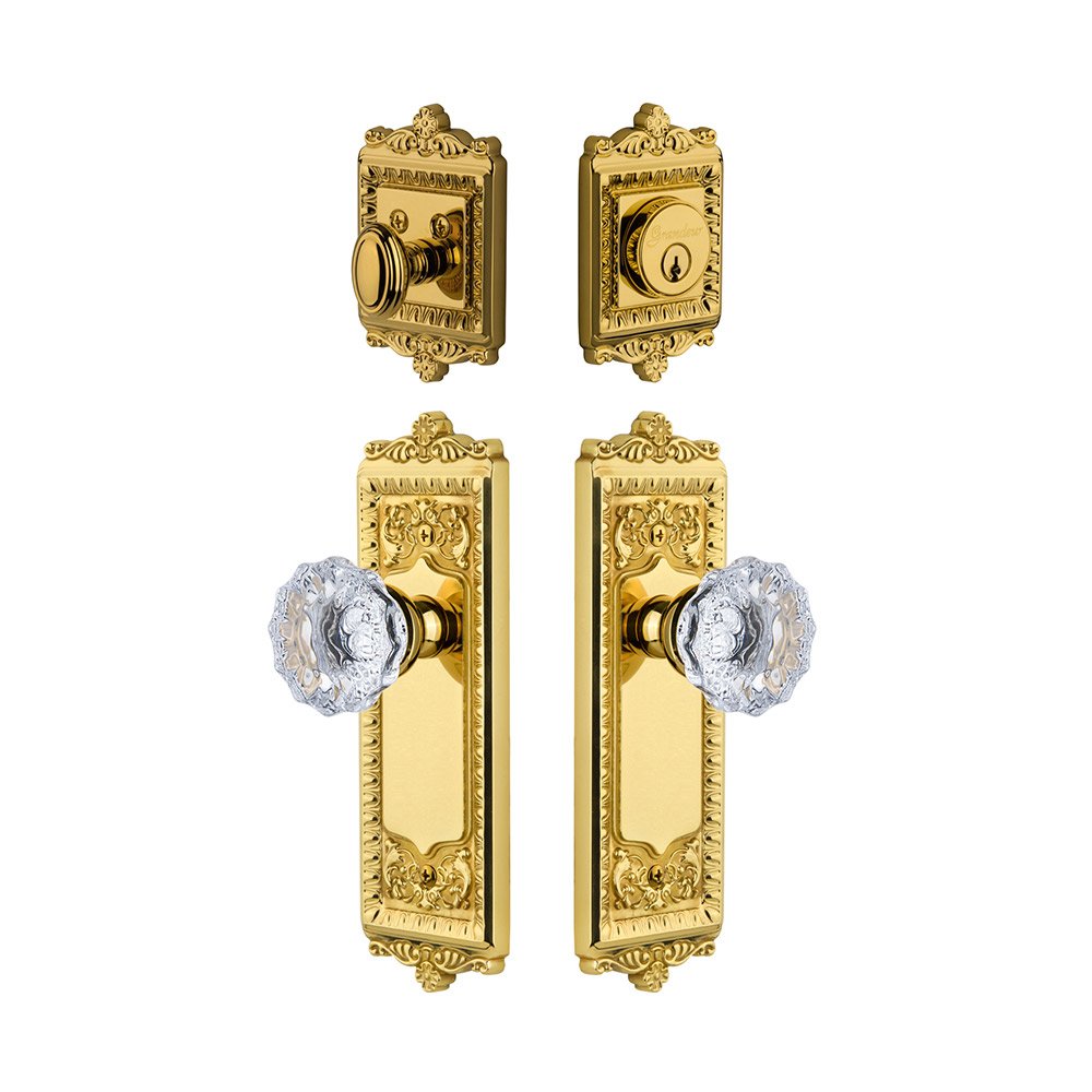 Grandeur Windsor Plate With Fontainebleau Crystal Knob & Matching Deadbolt In Lifetime Brass