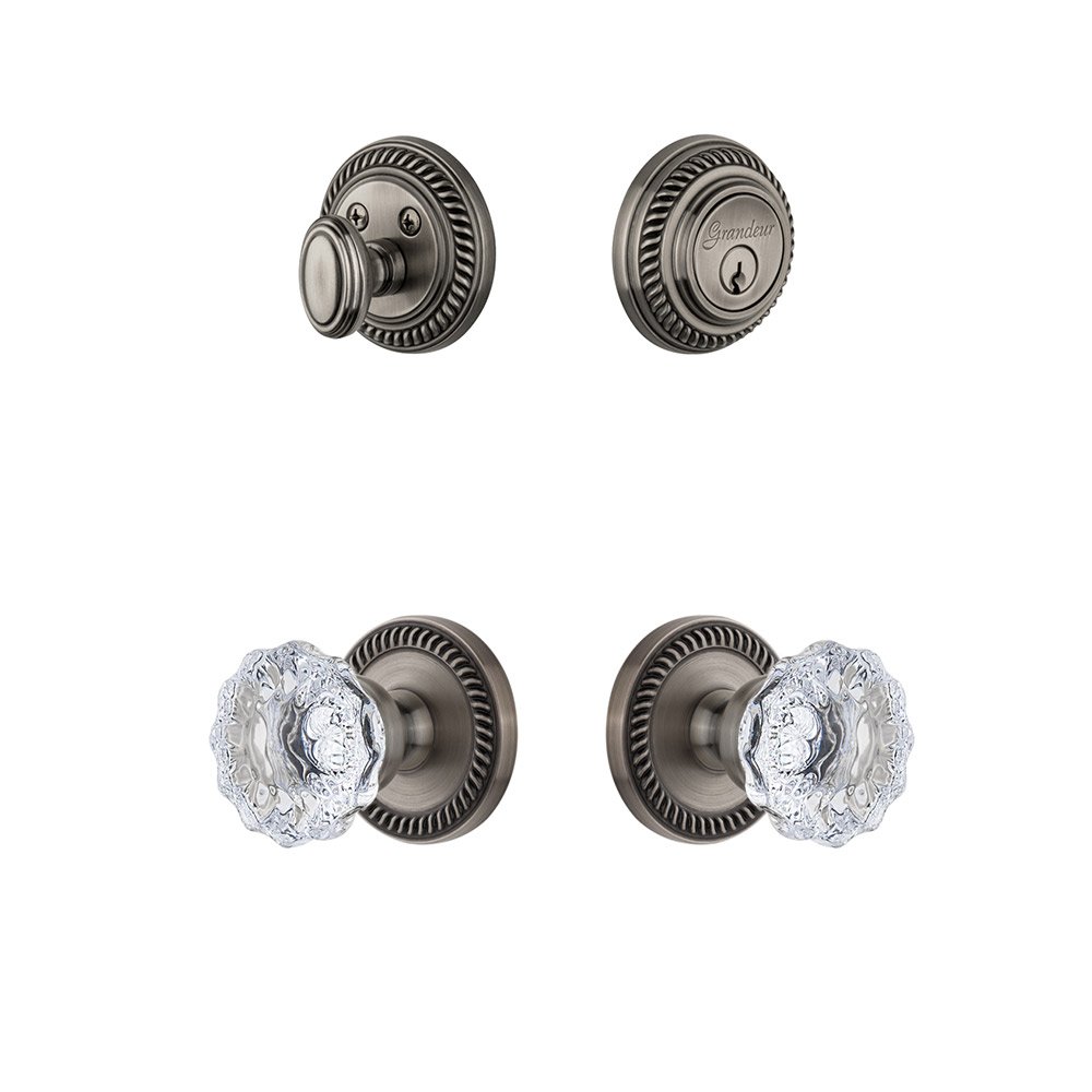 Grandeur Handleset - Newport Rosette With Fontainebleau Crystal Knob & Matching Deadbolt In Antique Pewter