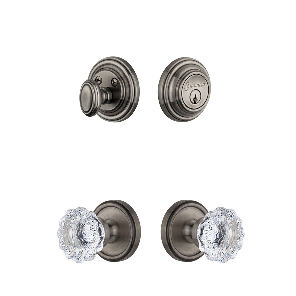 Grandeur Georgetown Rosette With Fontainebleau Crystal Knob & Matching Deadbolt In Antique Pewter