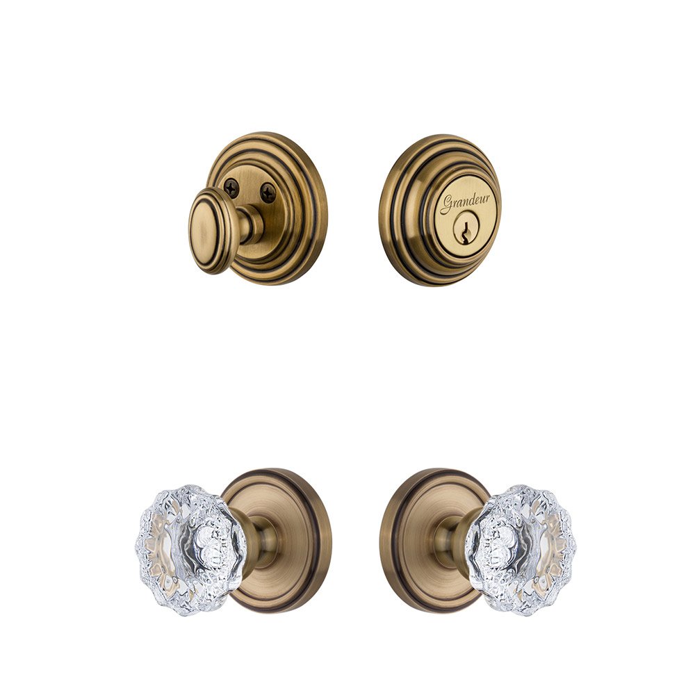 Grandeur Georgetown Rosette With Fontainebleau Crystal Knob & Matching Deadbolt In Vintage Brass