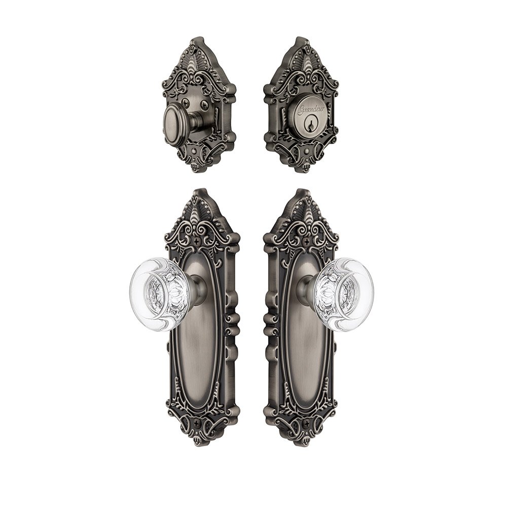 Grandeur Handleset - Grande Victorian Plate With Bordeaux Crystal Knob & Matching Deadbolt In Antique Pewter