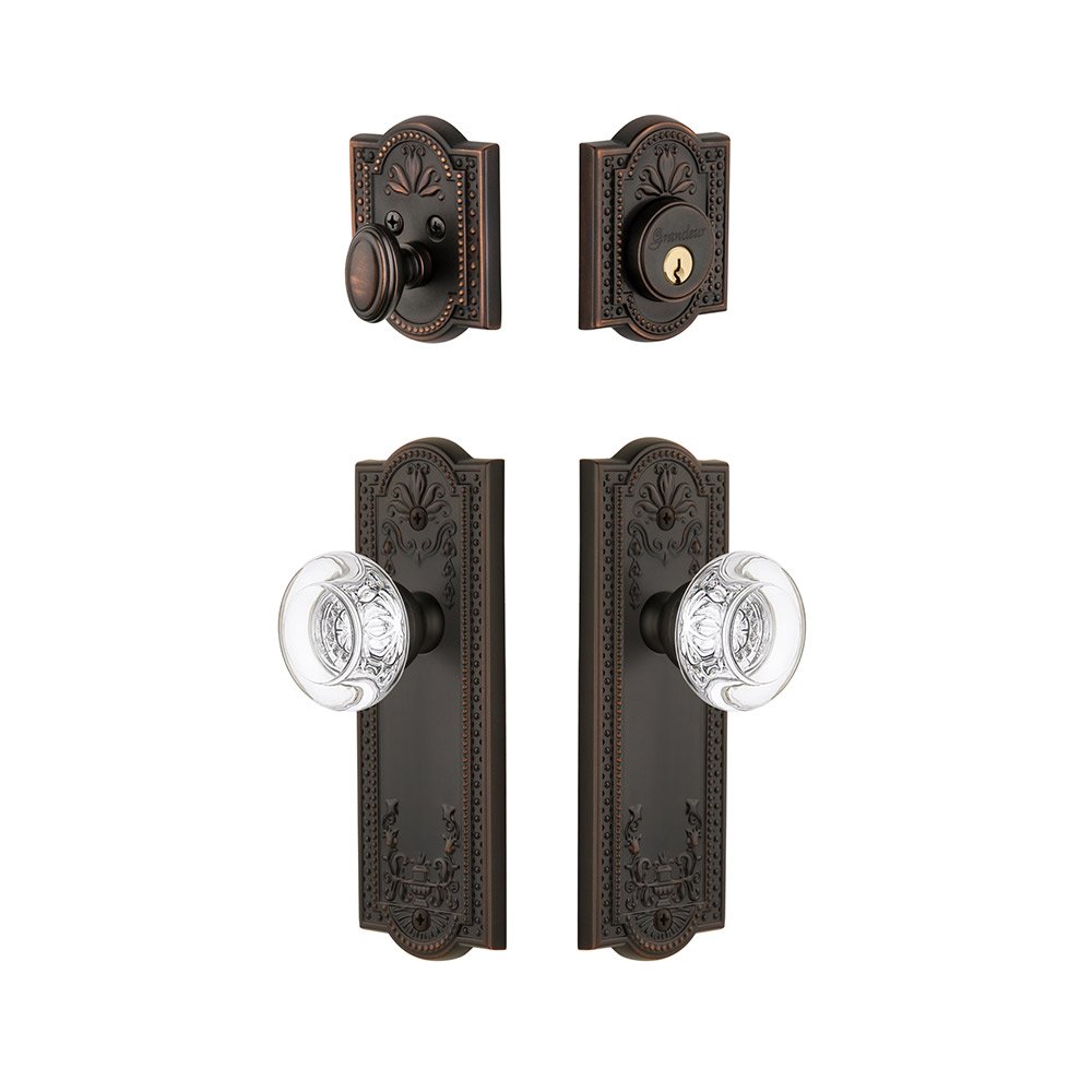 Grandeur Parthenon Plate With Bordeaux Crystal Knob & Matching Deadbolt In Timeless Bronze
