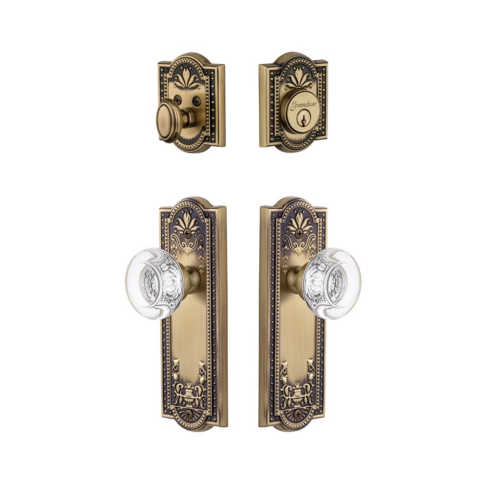 Grandeur Parthenon Plate With Bordeaux Crystal Knob & Matching Deadbolt In Vintage Brass