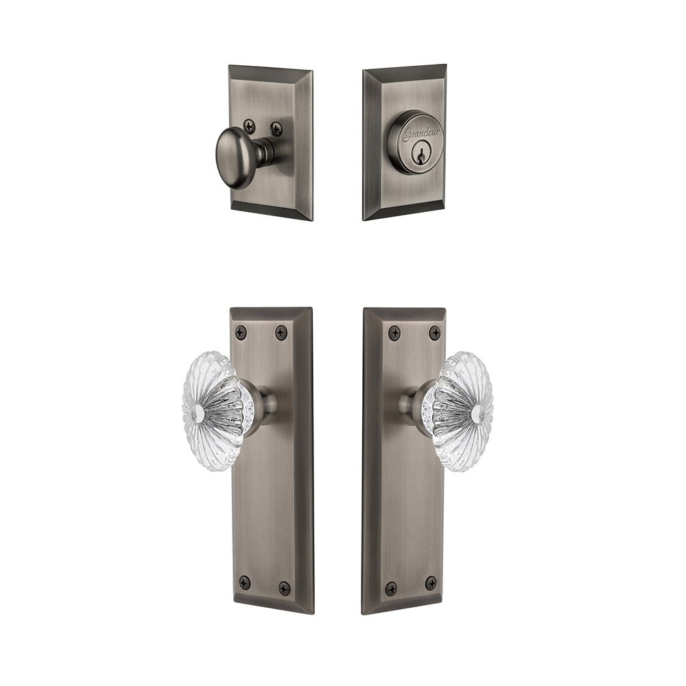 Grandeur Fifth Avenue Plate With Burgundy Crystal Knob & Matching Deadbolt In Antique Pewter
