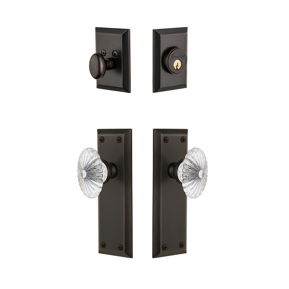 Grandeur Fifth Avenue Plate With Burgundy Crystal Knob & Matching Deadbolt In Timeless Bronze