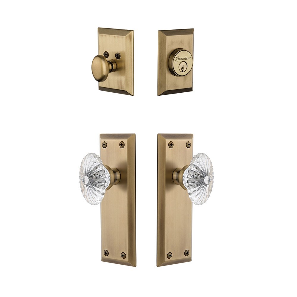 Grandeur Fifth Avenue Plate With Burgundy Crystal Knob & Matching Deadbolt In Vintage Brass
