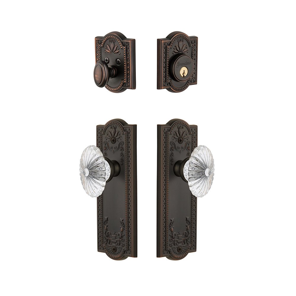 Grandeur Parthenon Plate With Burgundy Crystal Knob & Matching Deadbolt In Timeless Bronze