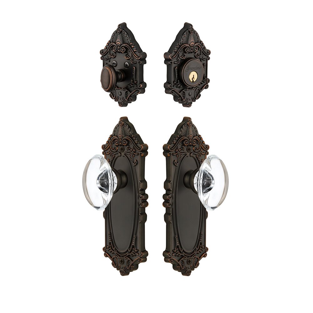 Grandeur Handleset - Grande Victorian Plate With Provence Crystal Knob & Matching Deadbolt In Timeless Bronze