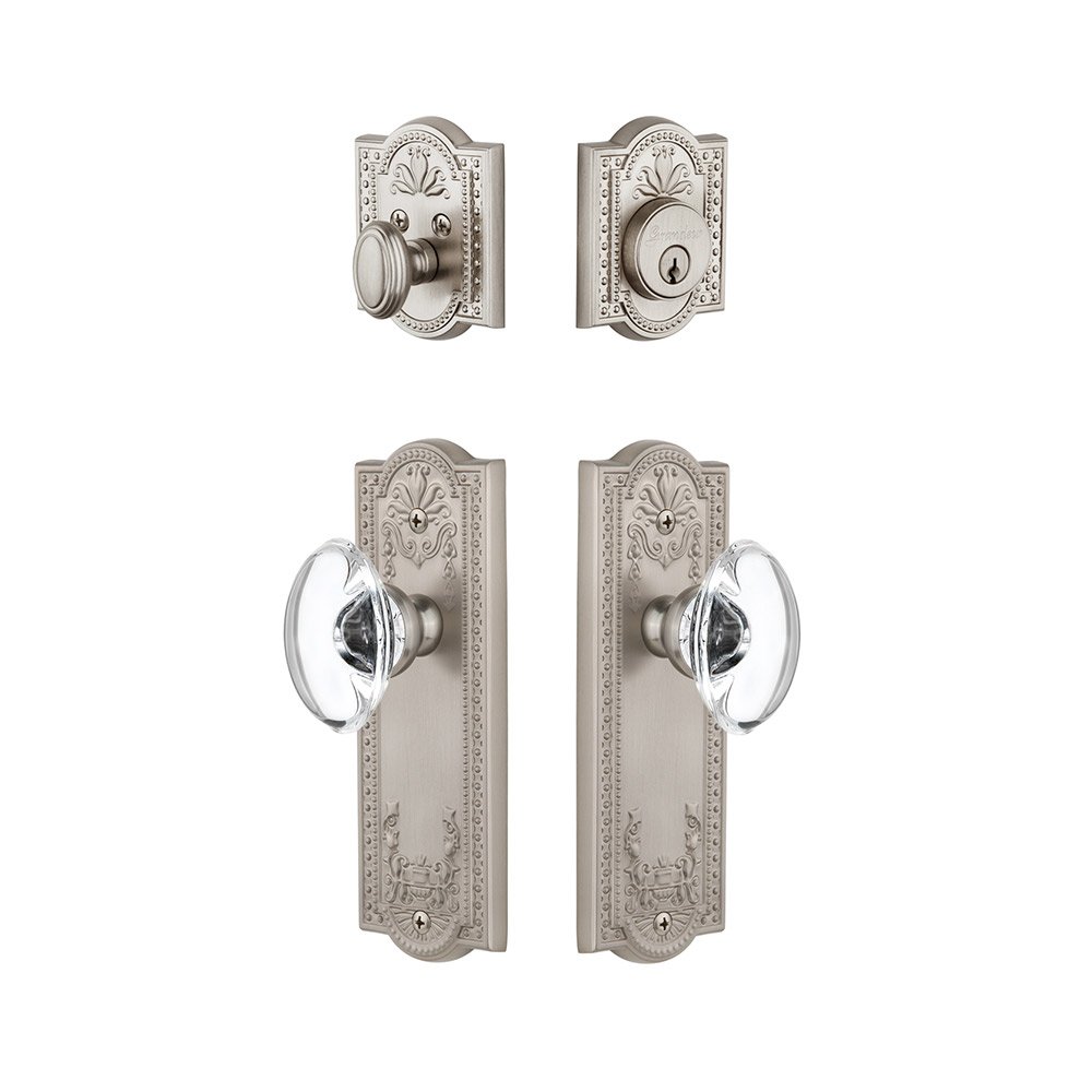 Grandeur Parthenon Plate With Provence Crystal Knob & Matching Deadbolt In Satin Nickel
