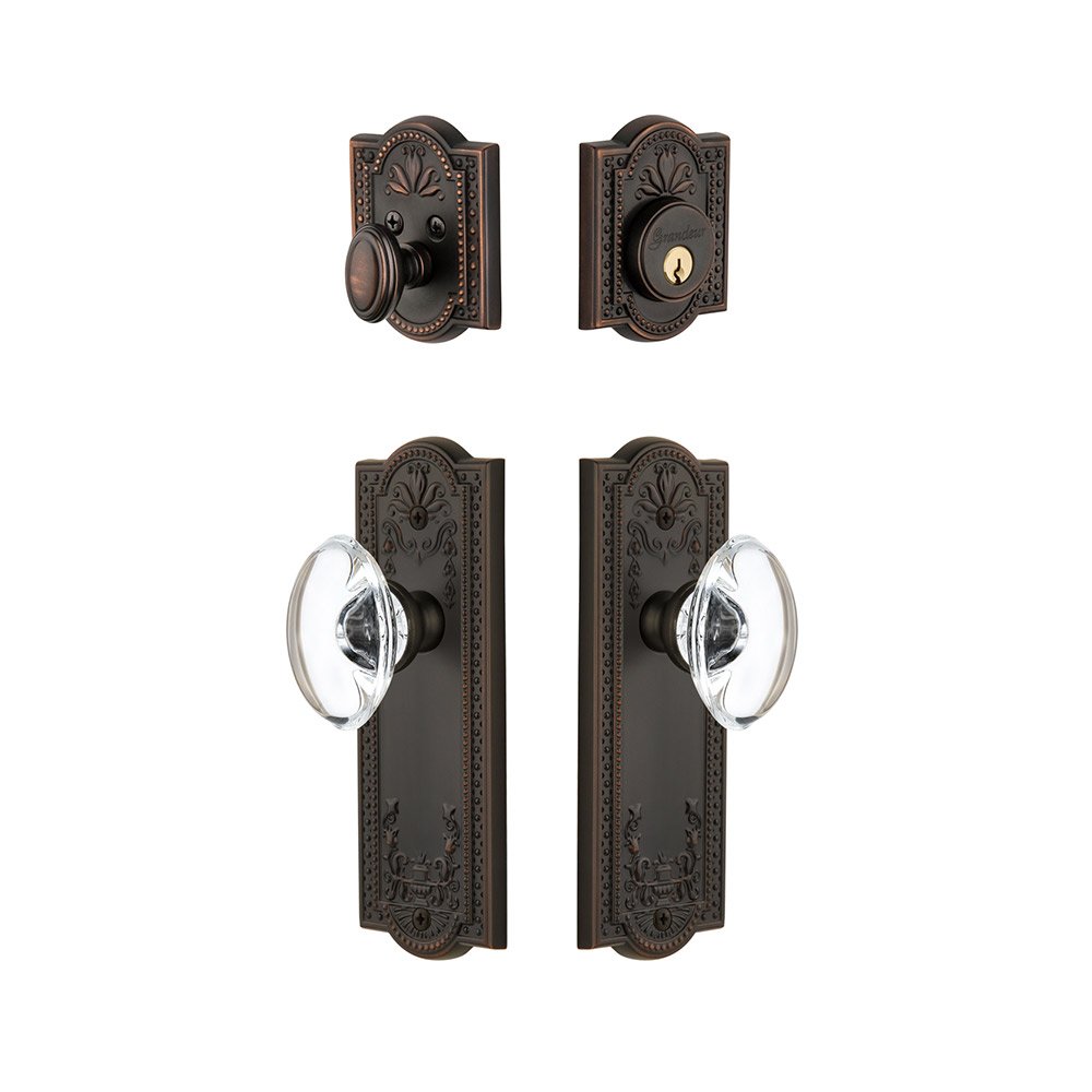 Grandeur Parthenon Plate With Provence Crystal Knob & Matching Deadbolt In Timeless Bronze
