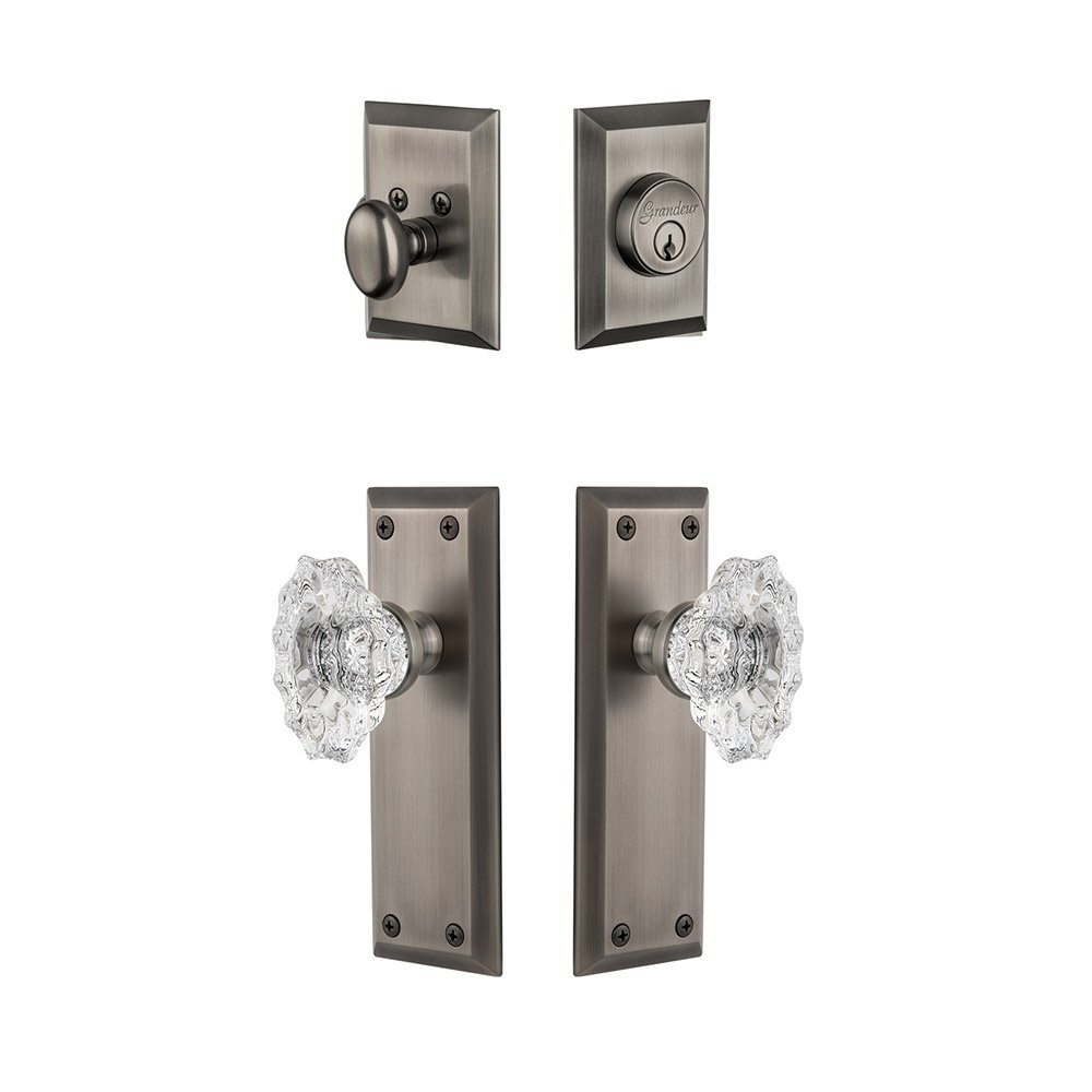 Grandeur Fifth Avenue Plate With Biarritz Crystal Knob & Matching Deadbolt In Antique Pewter