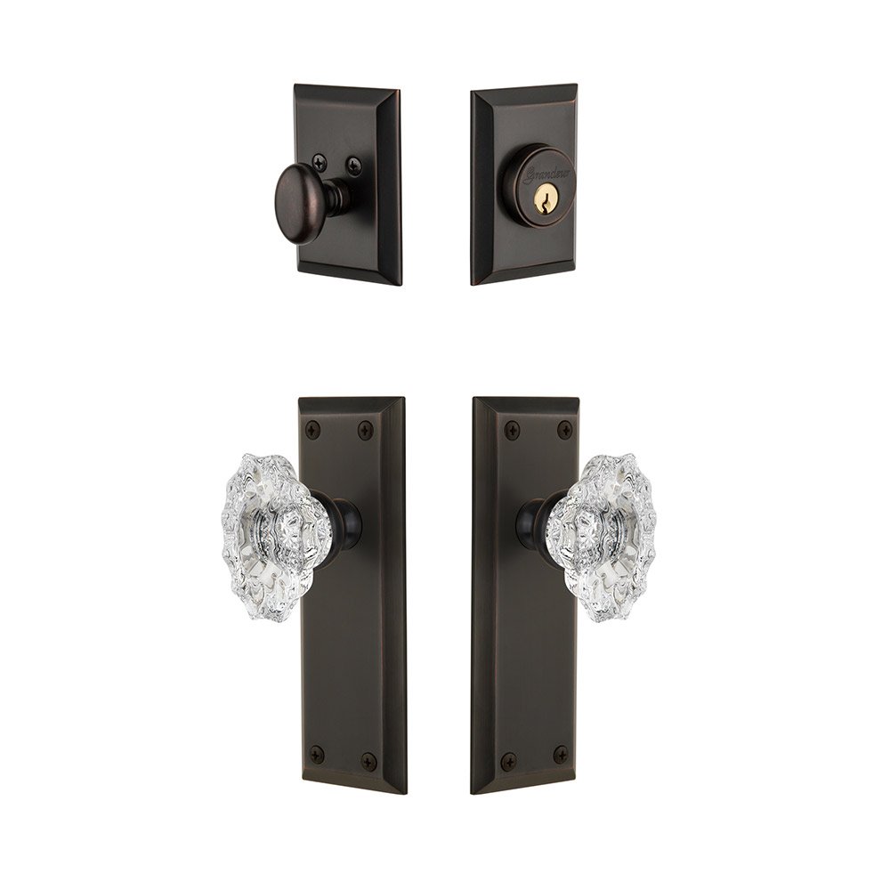 Grandeur Fifth Avenue Plate With Biarritz Crystal Knob & Matching Deadbolt In Timeless Bronze