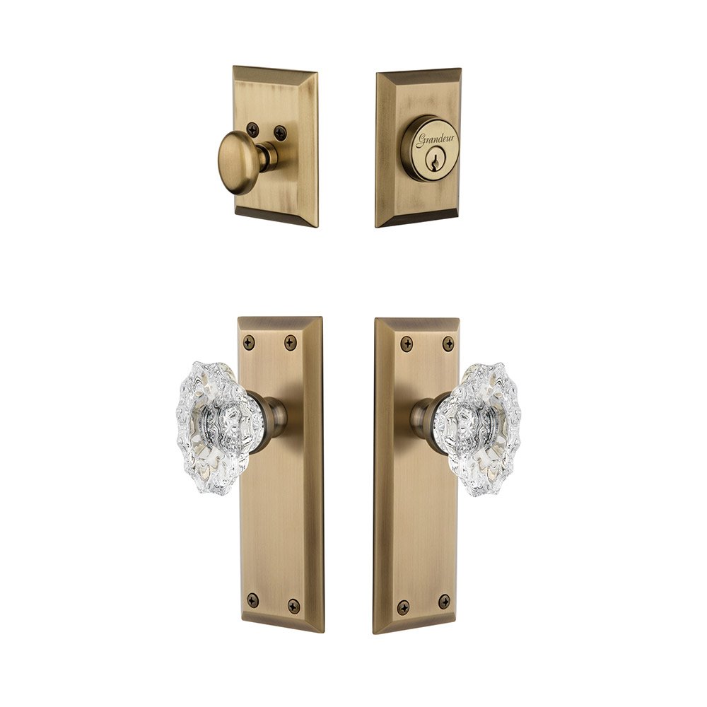 Grandeur Fifth Avenue Plate With Biarritz Crystal Knob & Matching Deadbolt In Vintage Brass