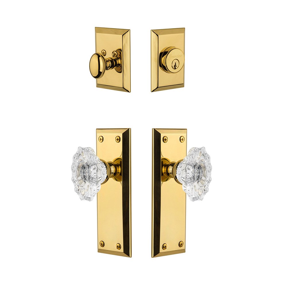 Grandeur Fifth Avenue Plate With Biarritz Crystal Knob & Matching Deadbolt In Lifetime Brass