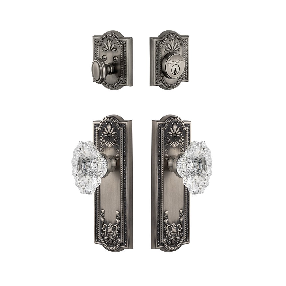 Grandeur Parthenon Plate With Biarritz Crystal Knob & Matching Deadbolt In Antique Pewter