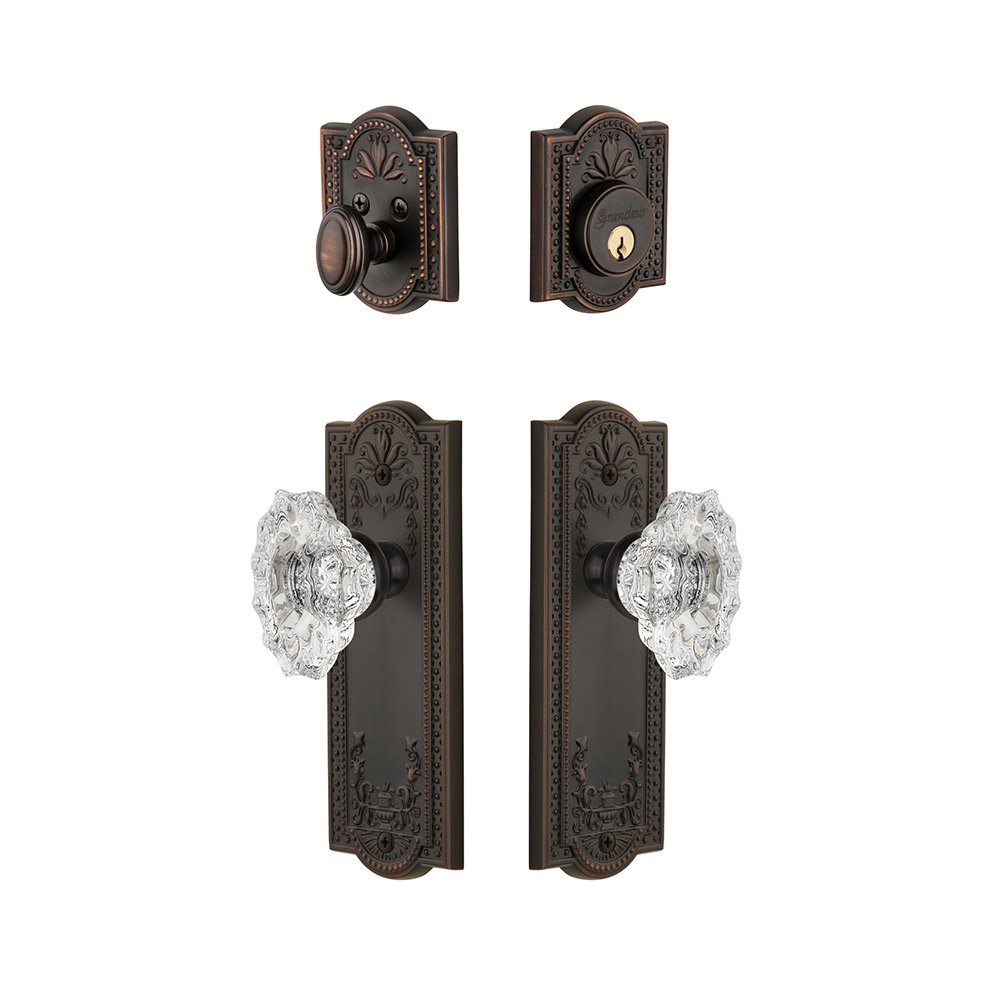 Grandeur Parthenon Plate With Biarritz Crystal Knob & Matching Deadbolt In Timeless Bronze