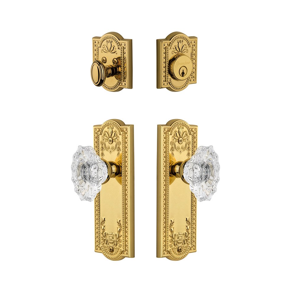 Grandeur Parthenon Plate With Biarritz Crystal Knob & Matching Deadbolt In Lifetime Brass