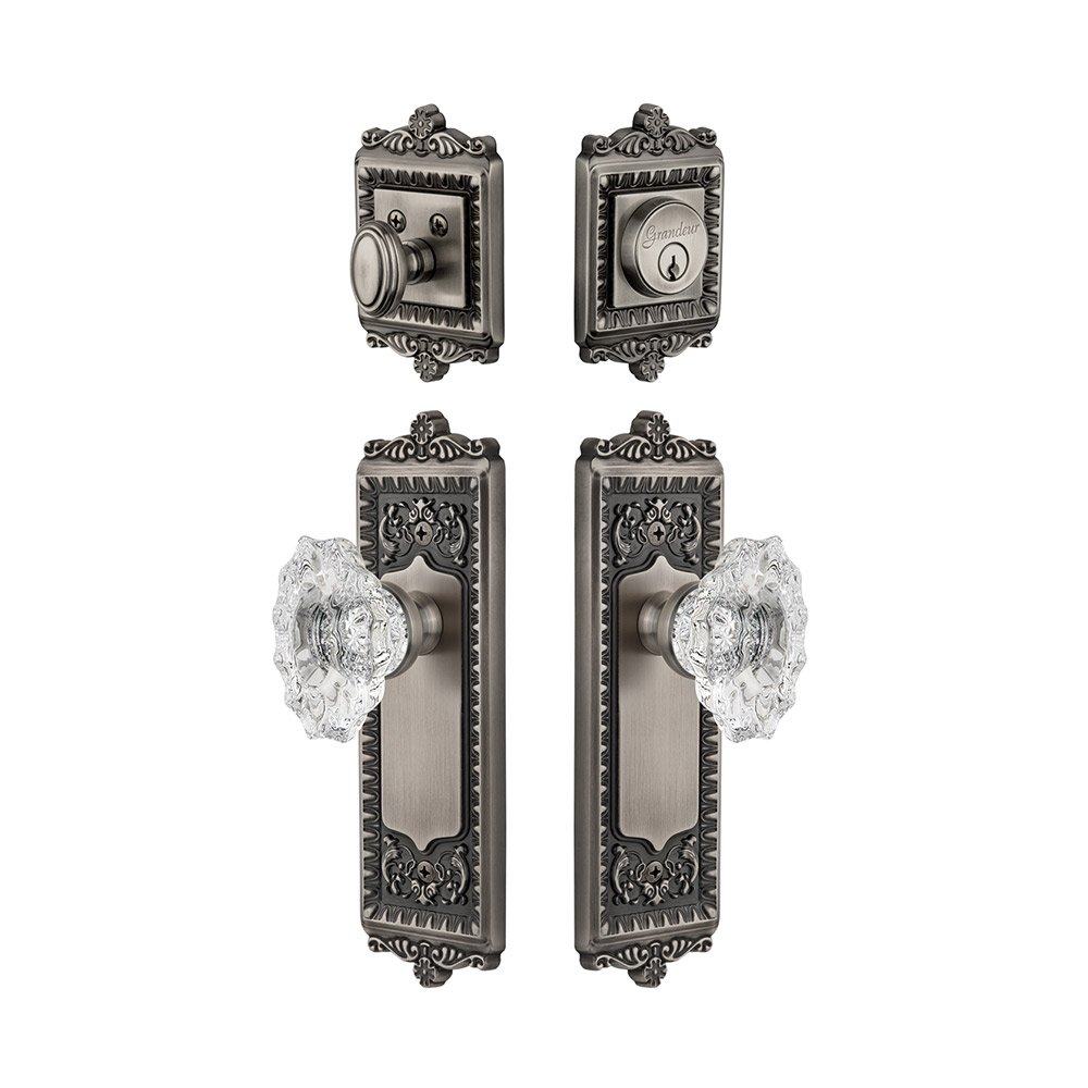 Grandeur Windsor Plate With Biarritz Crystal Knob & Matching Deadbolt In Antique Pewter