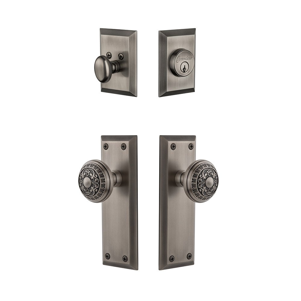 Grandeur Fifth Avenue Plate With Windsor Knob & Matching Deadbolt In Antique Pewter
