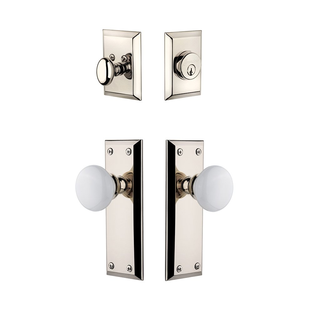Grandeur Fifth Avenue Plate With Hyde Park Porcelain Knob & Matching Deadbolt In Polished Nickel