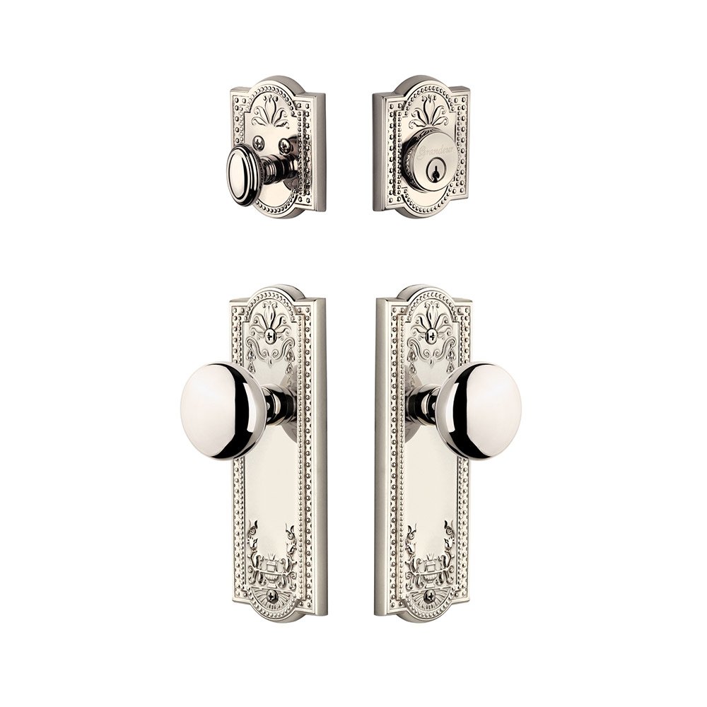 Grandeur Parthenon Plate With Fifth Avenue Knob & Matching Deadbolt In Polished Nickel