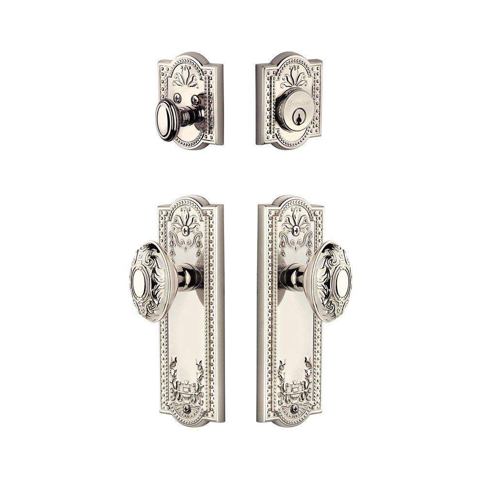 Grandeur Parthenon Plate With Grande Victorian Knob & Matching Deadbolt In Polished Nickel