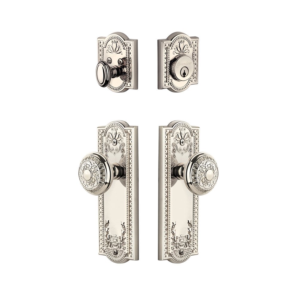 Grandeur Parthenon Plate With Windsor Knob & Matching Deadbolt In Polished Nickel