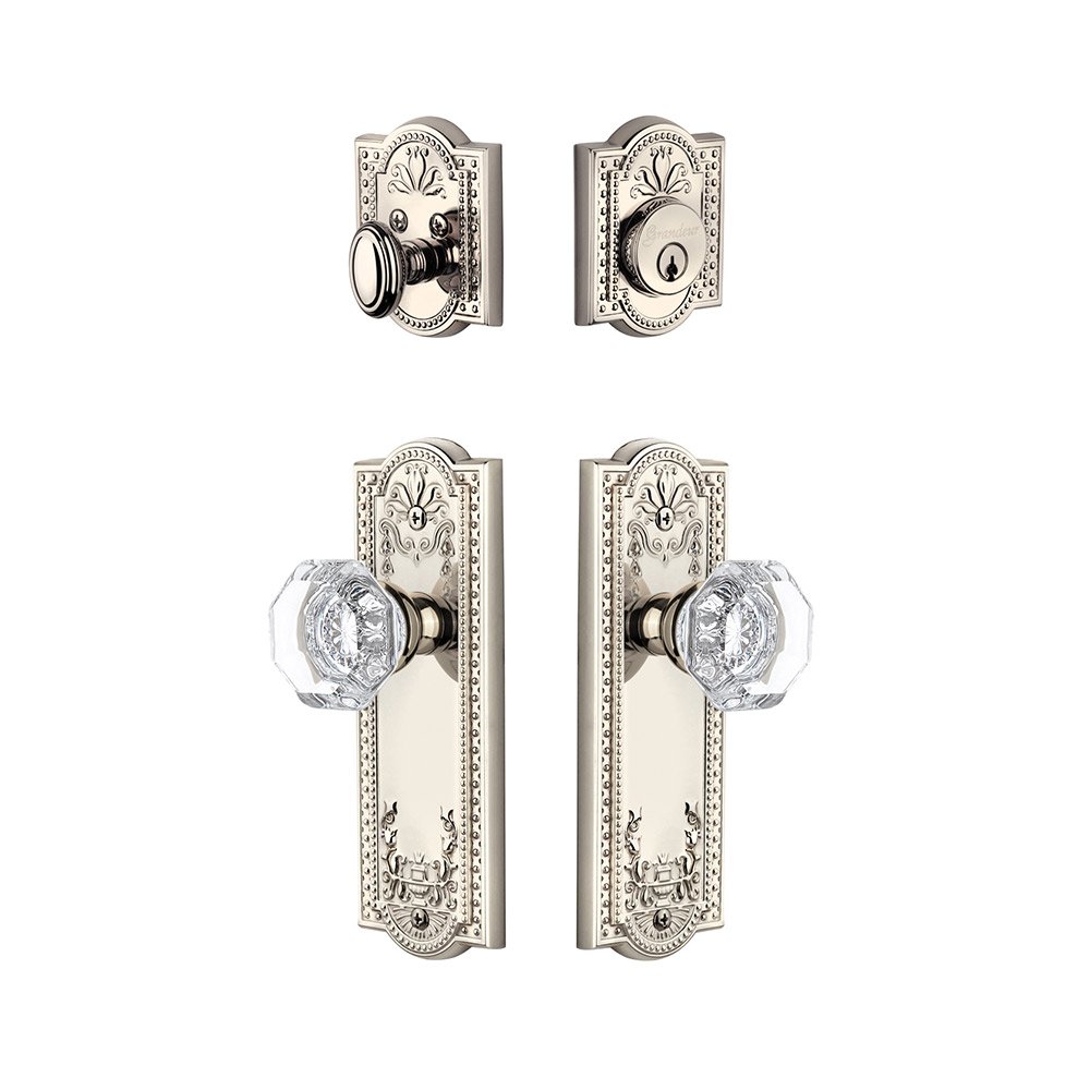 Grandeur Parthenon Plate With Chambord Crystal Knob & Matching Deadbolt In Polished Nickel