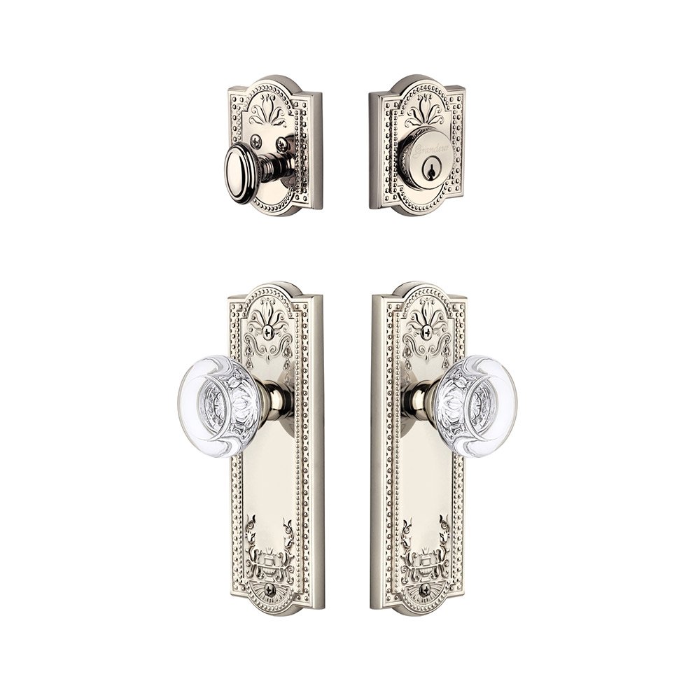 Grandeur Parthenon Plate With Bordeaux Crystal Knob & Matching Deadbolt In Polished Nickel