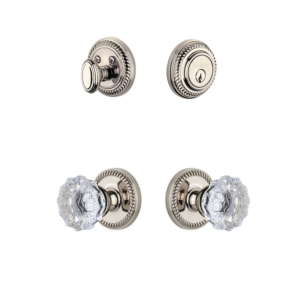 Grandeur Handleset - Newport Rosette With Fontainebleau Crystal Knob & Matching Deadbolt In Polished Nickel