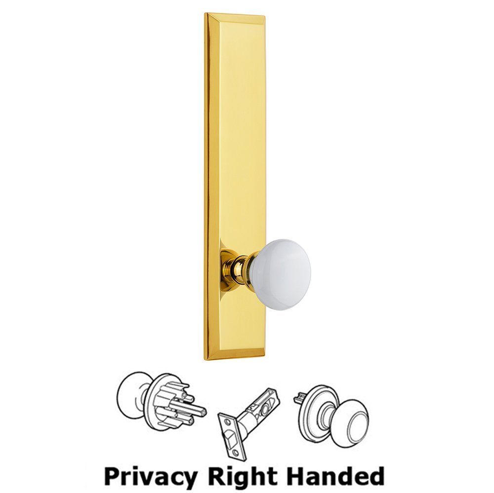 Grandeur Privacy Fifth Avenue Tall Plate with Hyde Park Right Handed Knob in Polished Brass