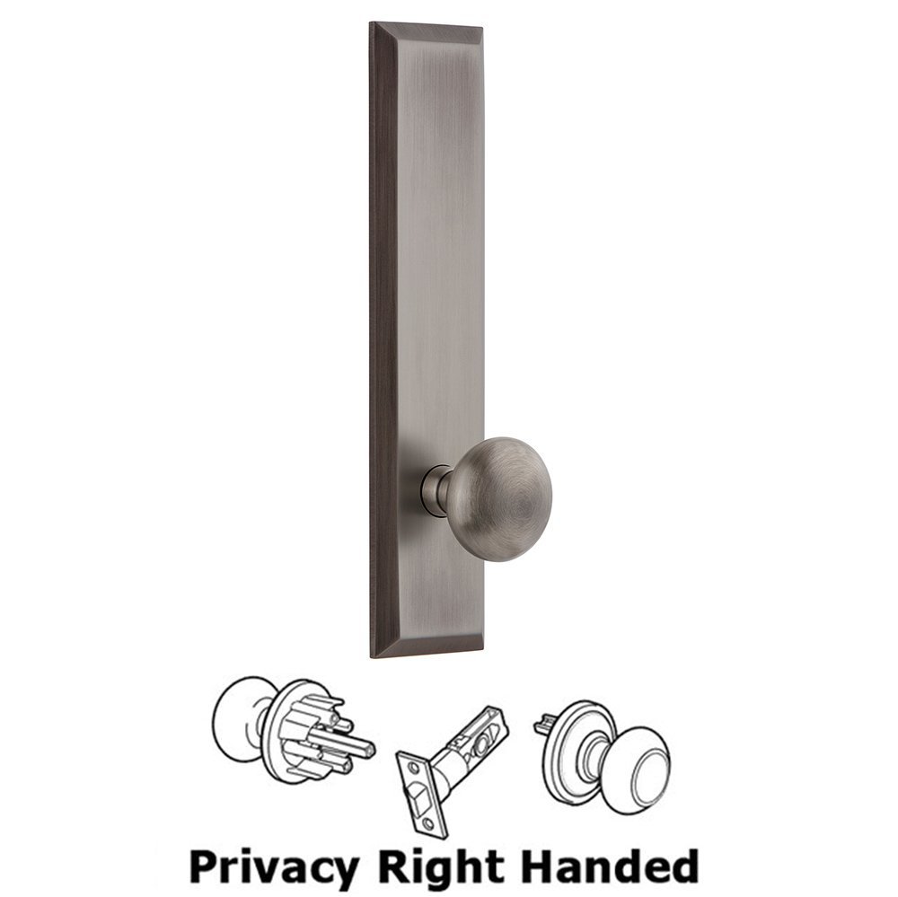 Grandeur Privacy Fifth Avenue Tall Plate with Right Handed Fifth Avenue Knob in Antique Pewter