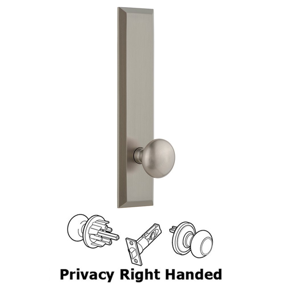Grandeur Privacy Fifth Avenue Tall Plate with Right Handed Fifth Avenue Knob in Satin Nickel