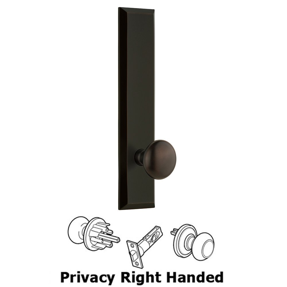 Grandeur Privacy Fifth Avenue Tall Plate with Right Handed Fifth Avenue Knob in Timeless Bronze