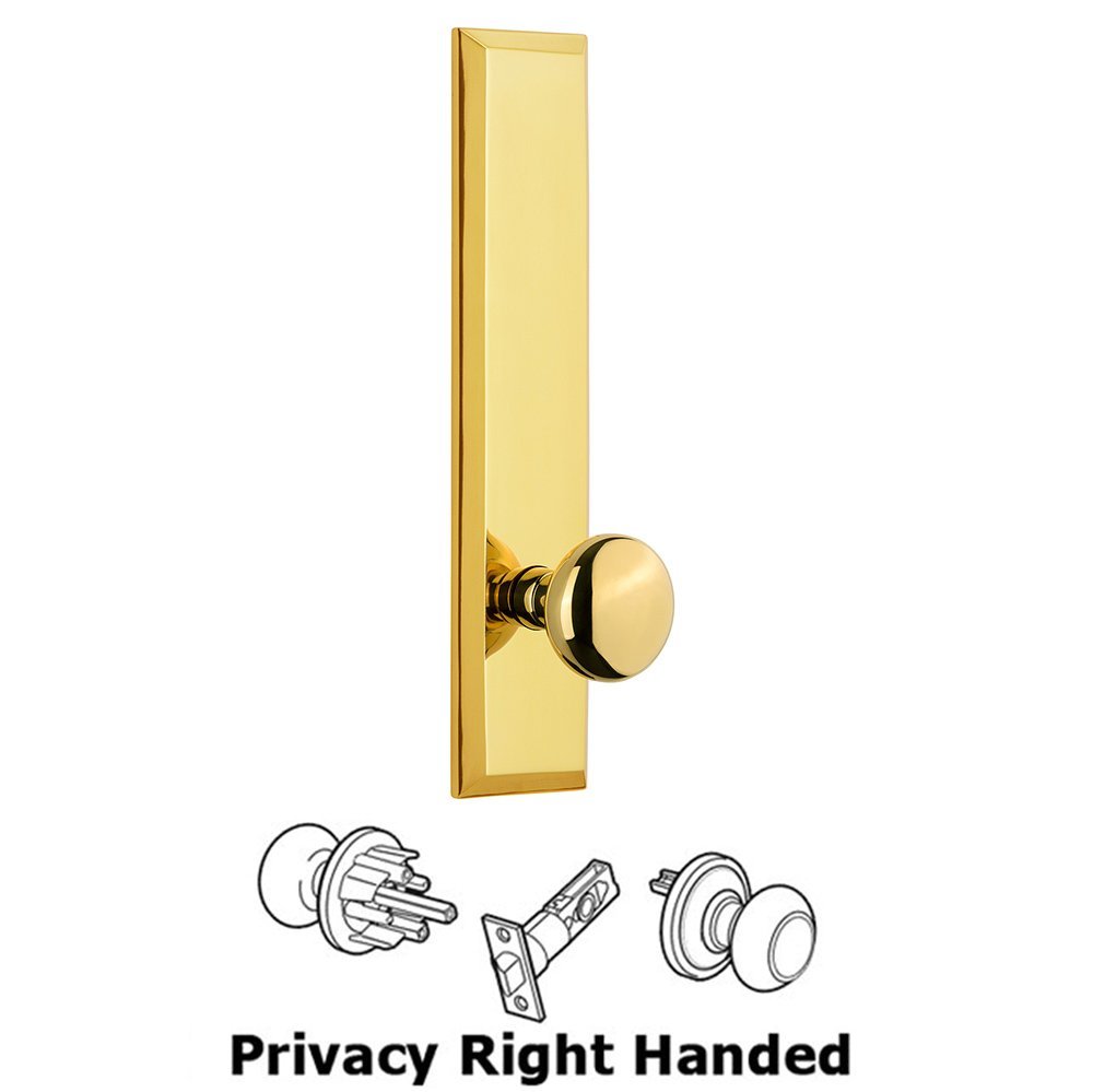 Grandeur Privacy Fifth Avenue Tall Plate with Right Handed Fifth Avenue Knob in Lifetime Brass
