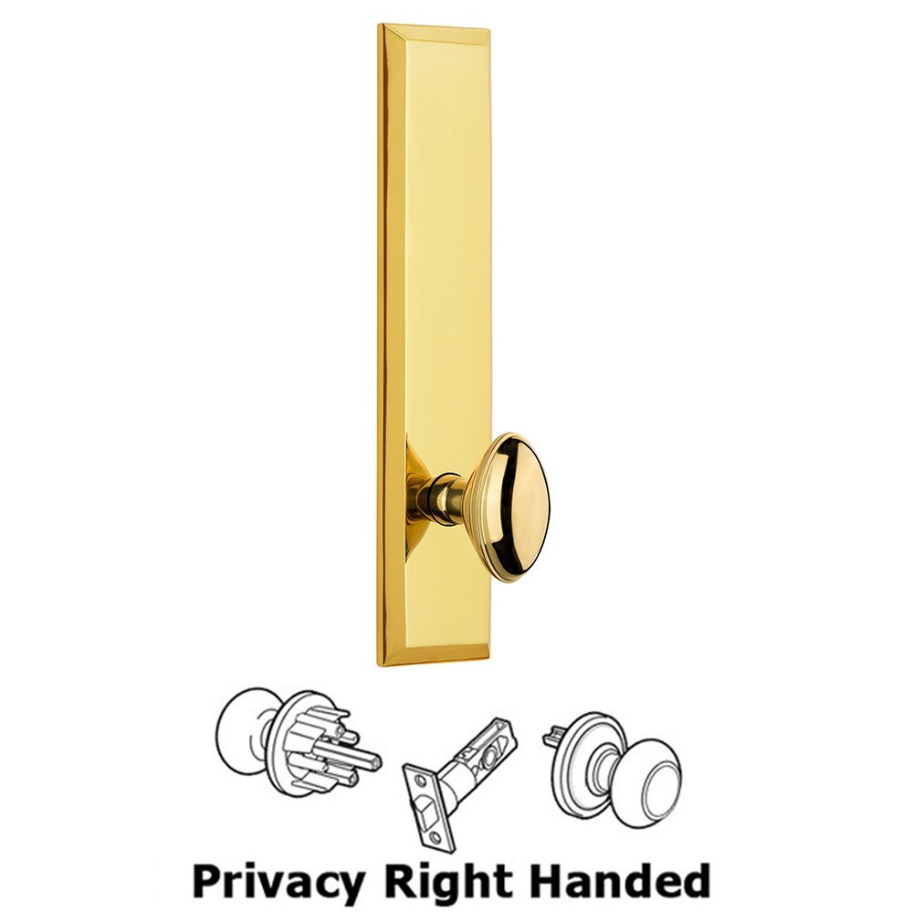 Grandeur Privacy Fifth Avenue Tall Plate with Eden Prairie Right Handed Knob in Polished Brass